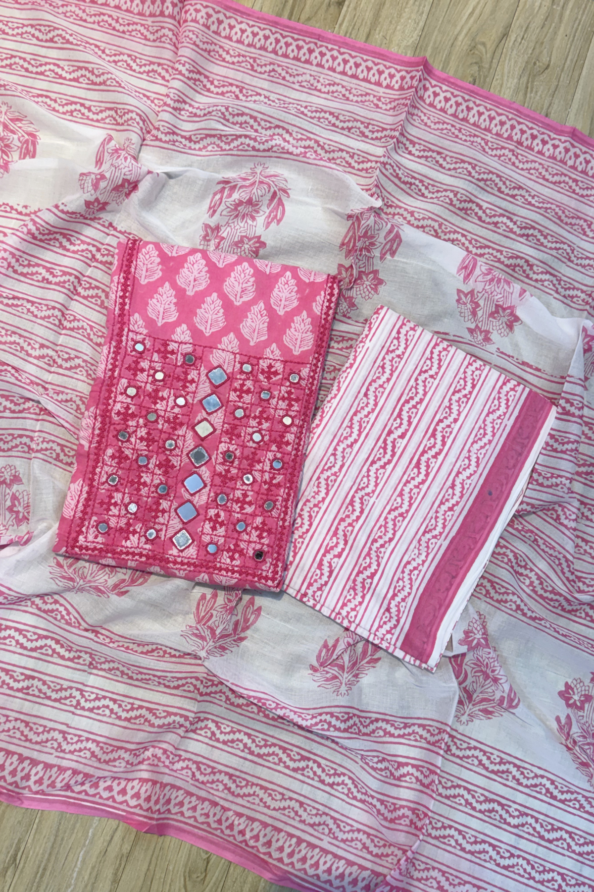 Pure Cotton Mirror Work 3 Piece Unstitched Suit Set With Strips Bottom - Pink (Copy)
