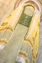 Pure Cotton Mirror Work 3 Piece Unstitched Suit Set - Yellow & White
