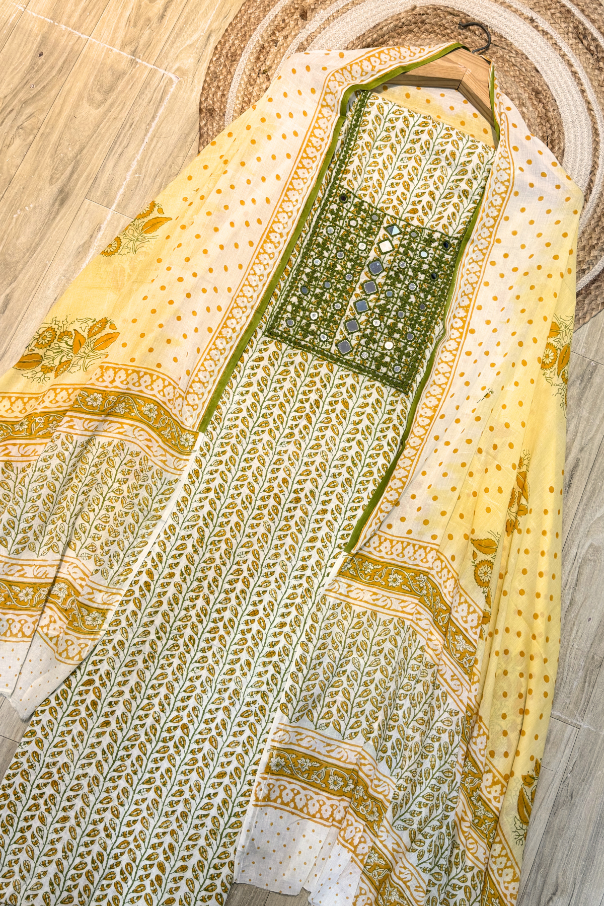Pure Cotton Mirror Work 3 Piece Unstitched Suit Set - Yellow & White