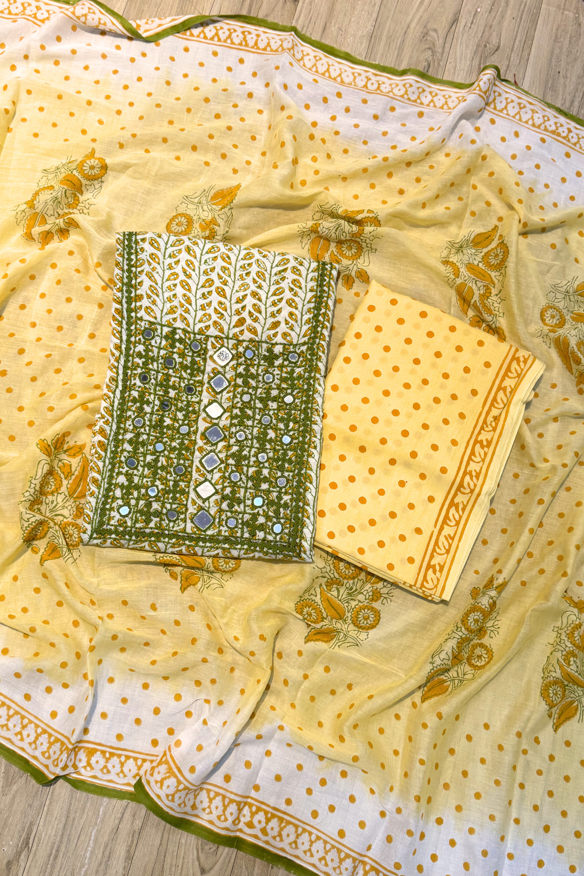 Pure Cotton Mirror Work 3 Piece Unstitched Suit Set - Yellow & White