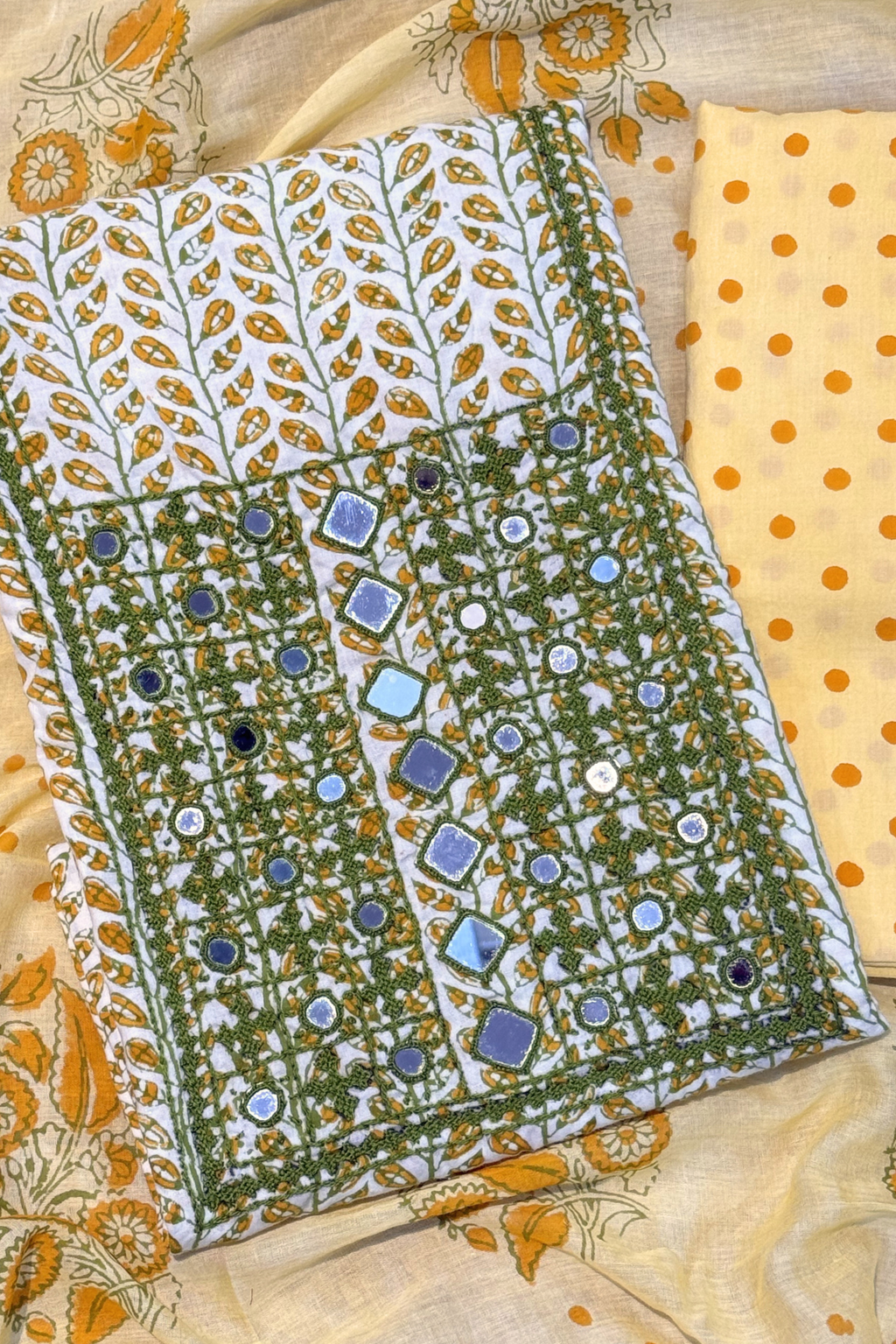 Pure Cotton Mirror Work 3 Piece Unstitched Suit Set - Yellow & White