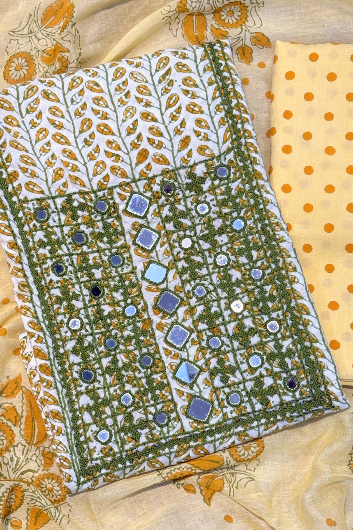 Pure Cotton Mirror Work 3 Piece Unstitched Suit Set - Yellow & White