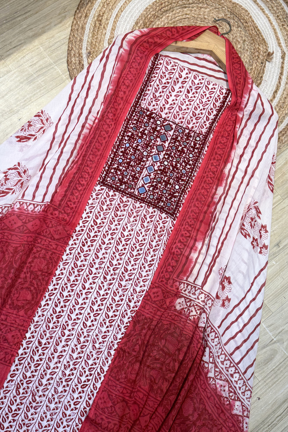 Pure Cotton Mirror Work 3 Piece Unstitched Suit Set With Leheriya Bottom - Red Maroon