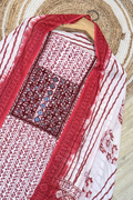 Pure Cotton Mirror Work 3 Piece Unstitched Suit Set With Leheriya Bottom - Red Maroon