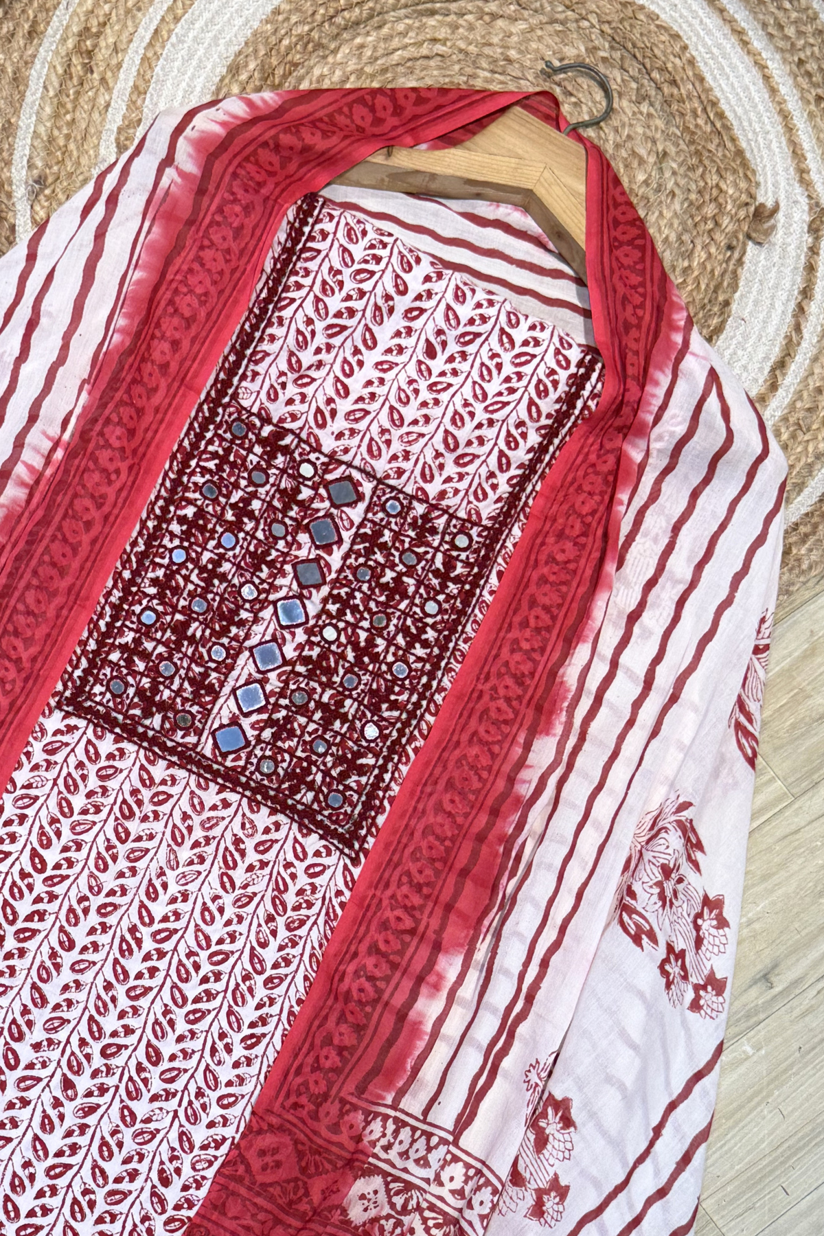 Pure Cotton Mirror Work 3 Piece Unstitched Suit Set With Leheriya Bottom - Red Maroon