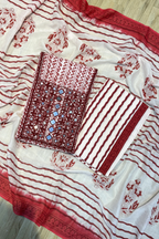 Pure Cotton Mirror Work 3 Piece Unstitched Suit Set With Leheriya Bottom - Red Maroon