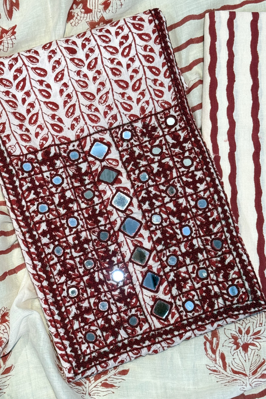 Pure Cotton Mirror Work 3 Piece Unstitched Suit Set With Leheriya Bottom - Red Maroon