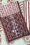 Pure Cotton Mirror Work 3 Piece Unstitched Suit Set With Leheriya Bottom - Red Maroon