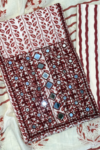 Pure Cotton Mirror Work 3 Piece Unstitched Suit Set With Leheriya Bottom - Red Maroon