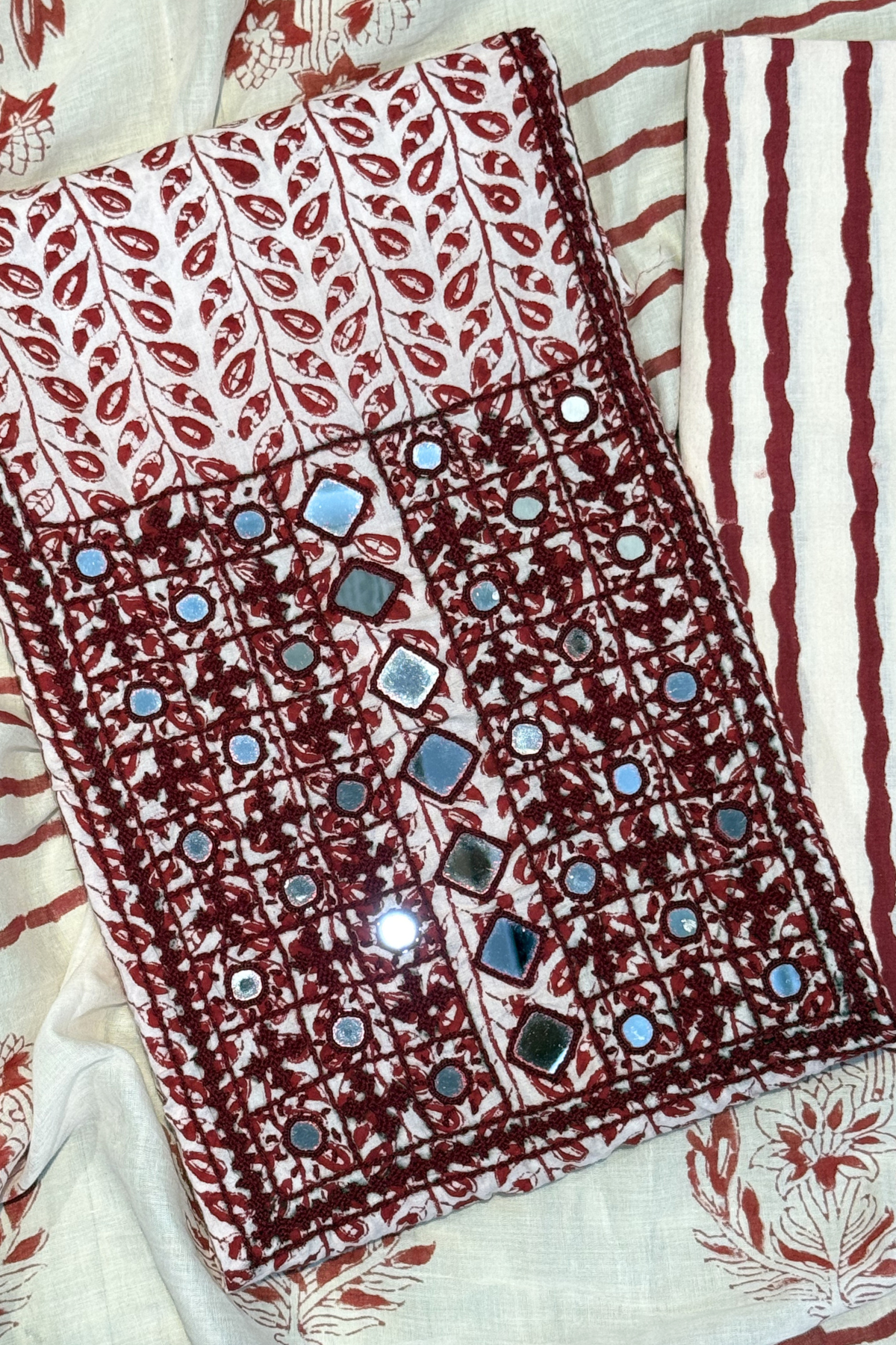 Pure Cotton Mirror Work 3 Piece Unstitched Suit Set With Leheriya Bottom - Red Maroon