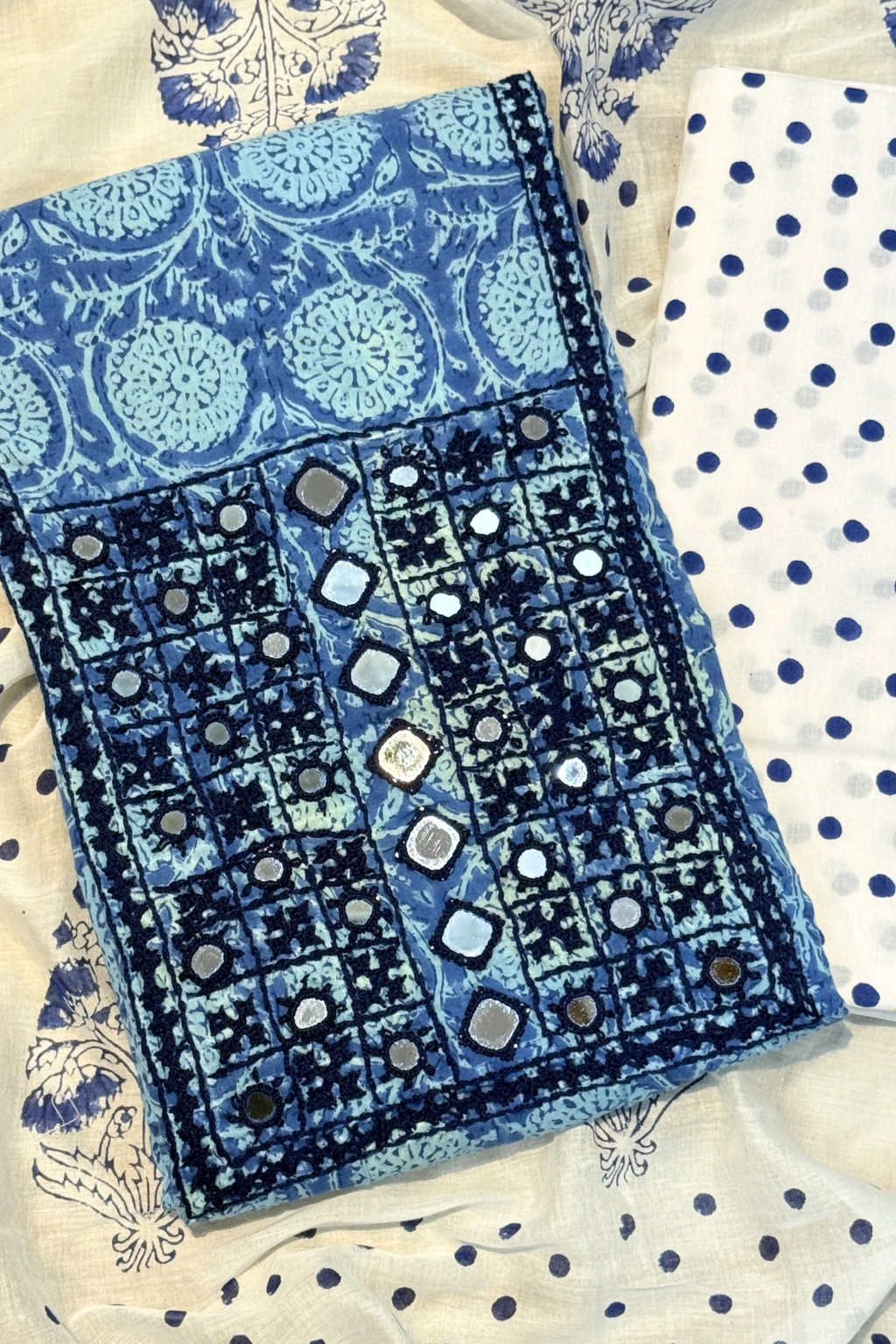 Pure Cotton Mirror Work 3 Piece Unstitched Suit Set With Dots Bottom - Blue