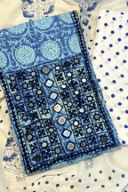 Pure Cotton Mirror Work 3 Piece Unstitched Suit Set With Dots Bottom - Blue