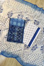 Pure Cotton Mirror Work 3 Piece Unstitched Suit Set With Dots Bottom - Blue