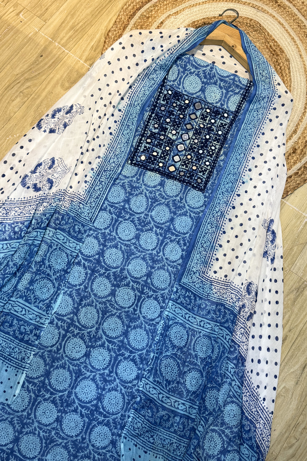 Pure Cotton Mirror Work 3 Piece Unstitched Suit Set With Dots Bottom - Blue