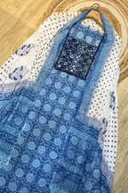 Pure Cotton Mirror Work 3 Piece Unstitched Suit Set With Dots Bottom - Blue
