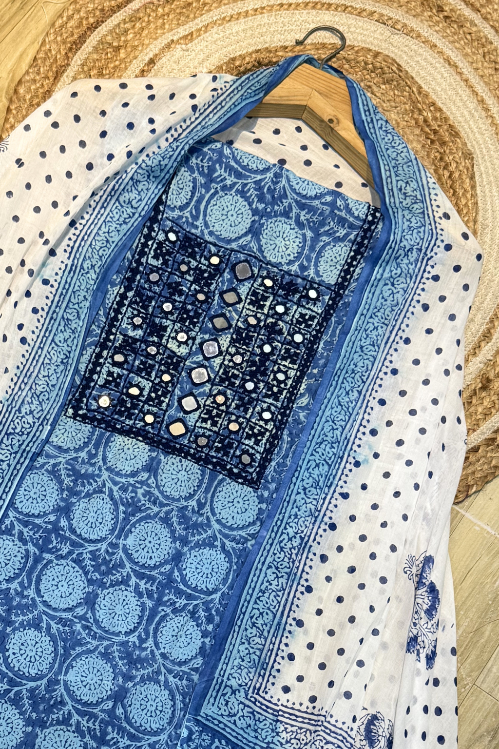 Pure Cotton Mirror Work 3 Piece Unstitched Suit Set With Dots Bottom - Blue