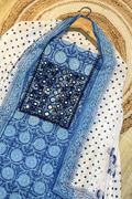 Pure Cotton Mirror Work 3 Piece Unstitched Suit Set With Dots Bottom - Blue