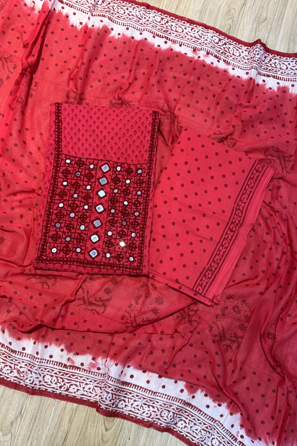 Pure Cotton Mirror Work 3 Piece Unstitched Suit Set With Dots Bottom - Red