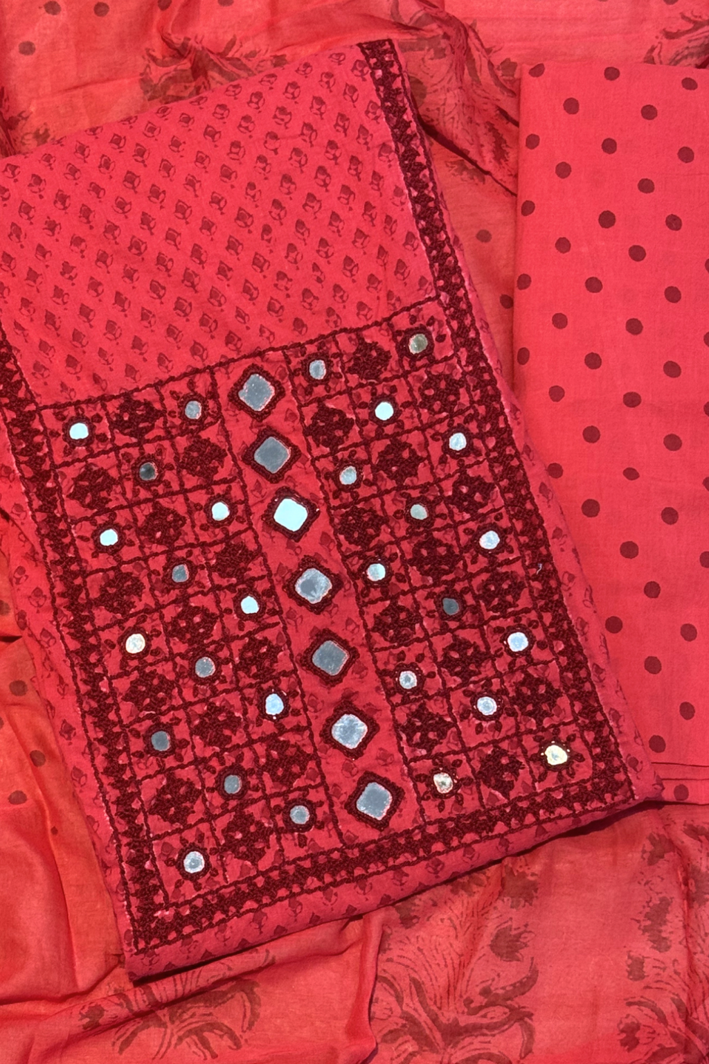 Pure Cotton Mirror Work 3 Piece Unstitched Suit Set With Dots Bottom - Red