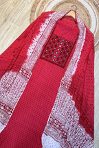 Pure Cotton Mirror Work 3 Piece Unstitched Suit Set With Dots Bottom - Red