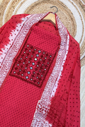 Pure Cotton Mirror Work 3 Piece Unstitched Suit Set With Dots Bottom - Red
