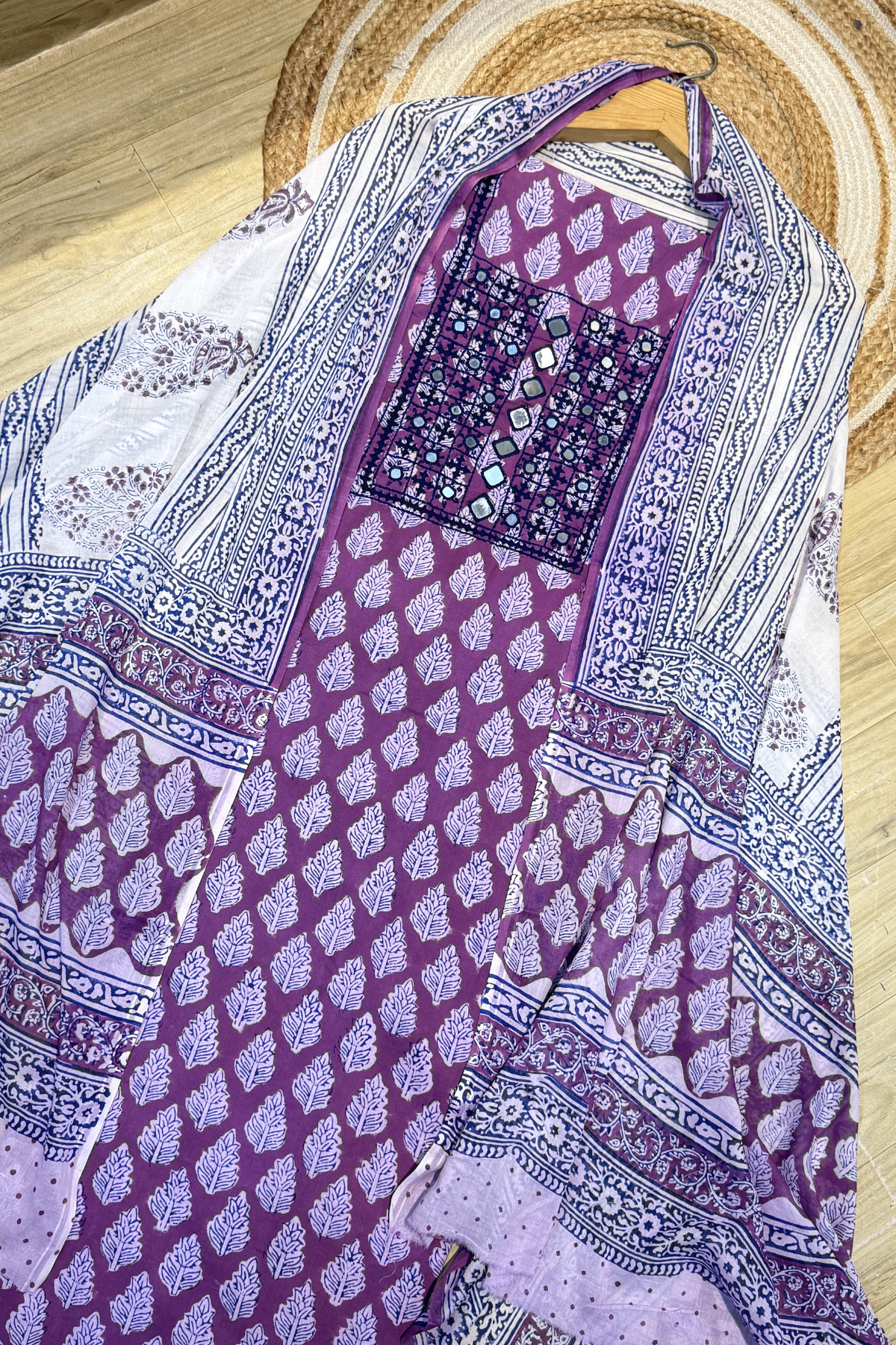 Pure Cotton Mirror Work 3 Piece Unstitched Suit Set With Strips Bottom - Purple Wine