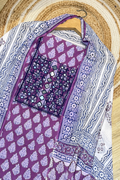 Pure Cotton Mirror Work 3 Piece Unstitched Suit Set With Strips Bottom - Purple Wine