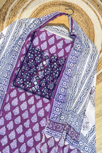 Pure Cotton Mirror Work 3 Piece Unstitched Suit Set With Strips Bottom - Purple Wine