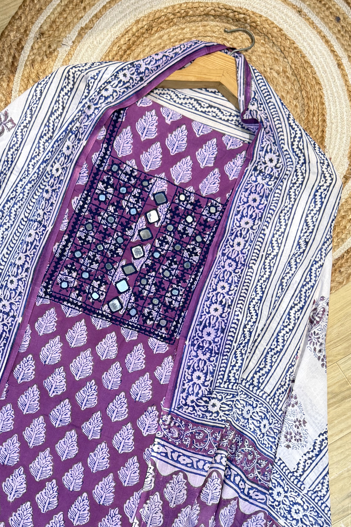 Pure Cotton Mirror Work 3 Piece Unstitched Suit Set With Strips Bottom - Purple Wine