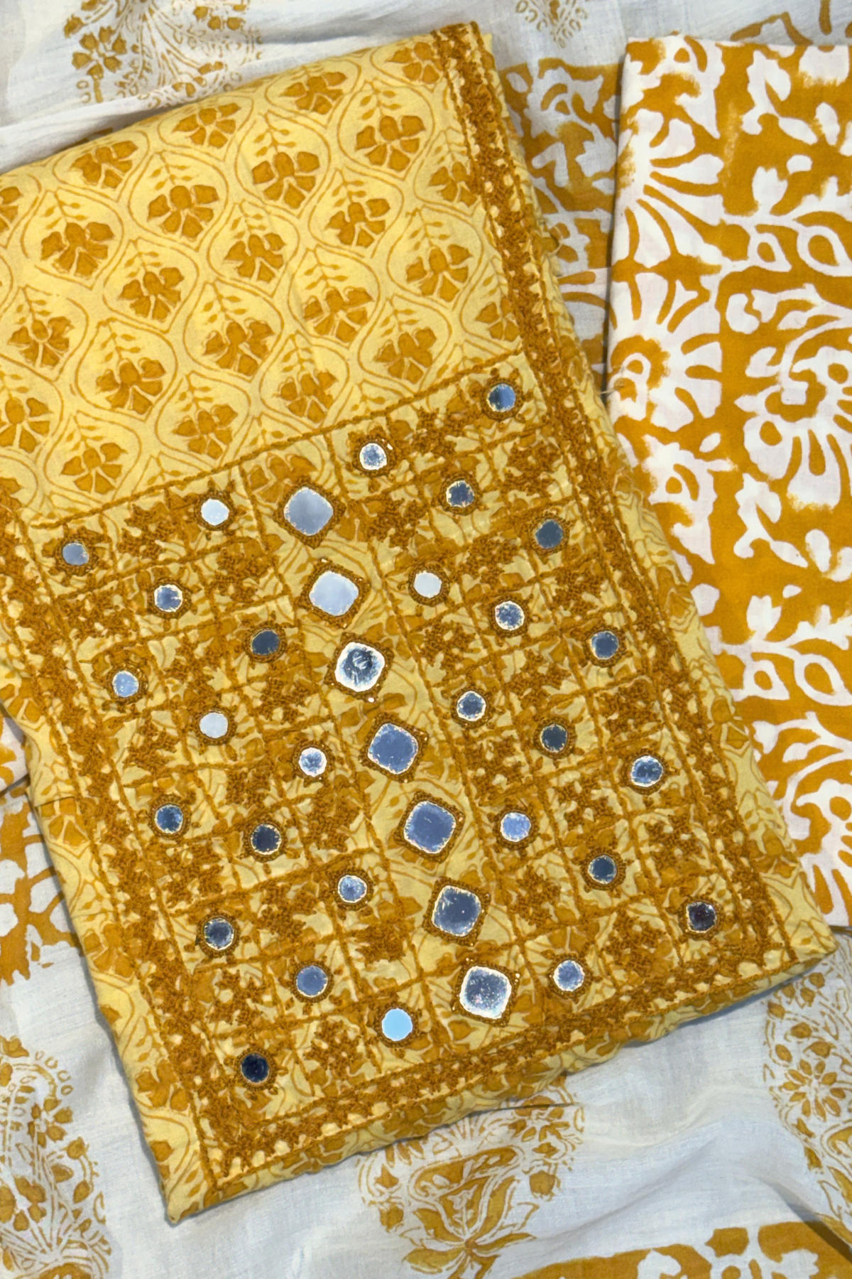Pure Cotton Mirror Work 3 Piece Unstitched Suit Set - Light Yellow