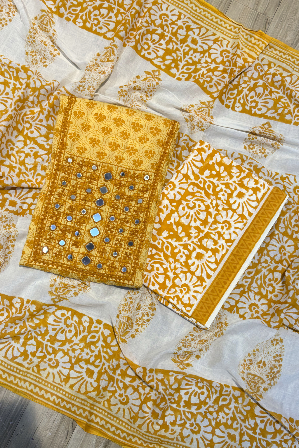 Pure Cotton Mirror Work 3 Piece Unstitched Suit Set - Light Yellow