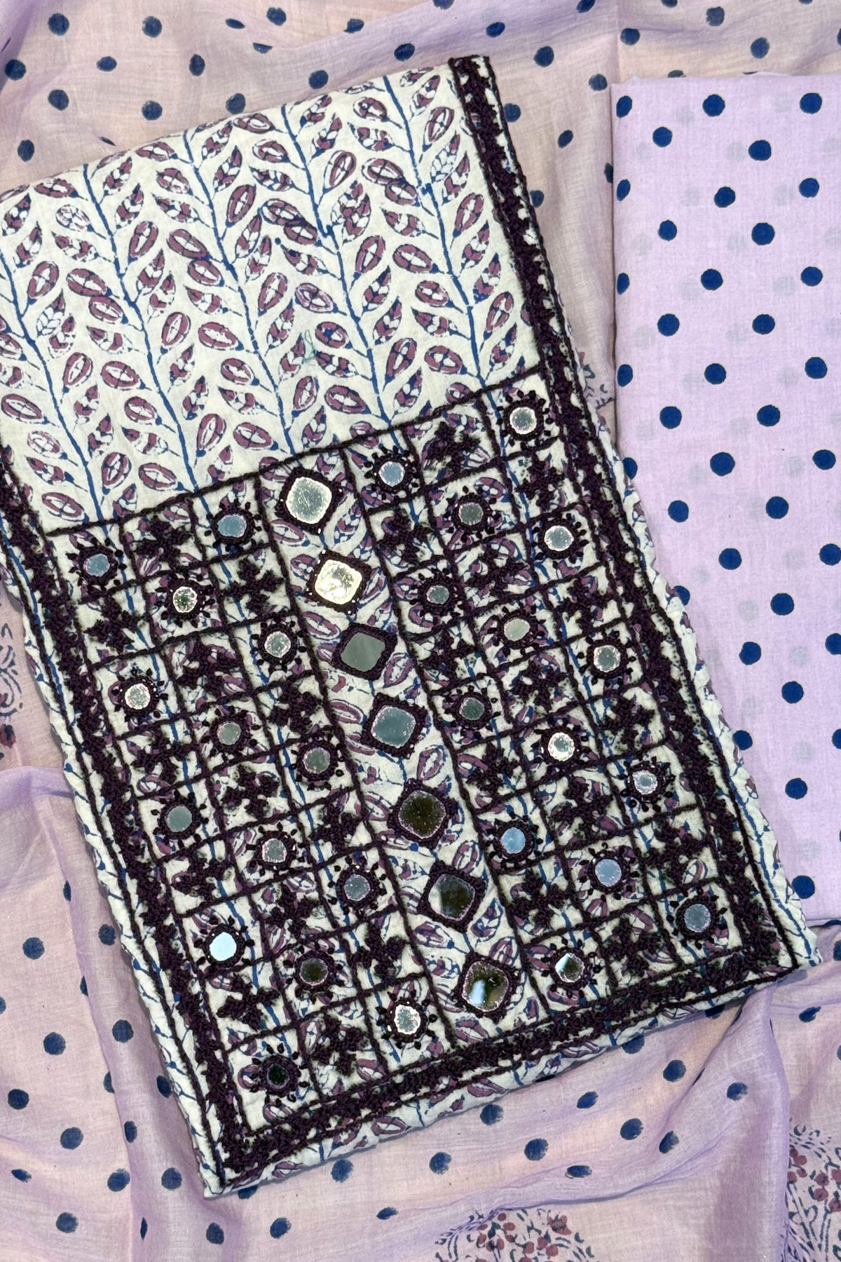 Pure Cotton Mirror Work 3 Piece Unstitched Suit Set - Purple & White
