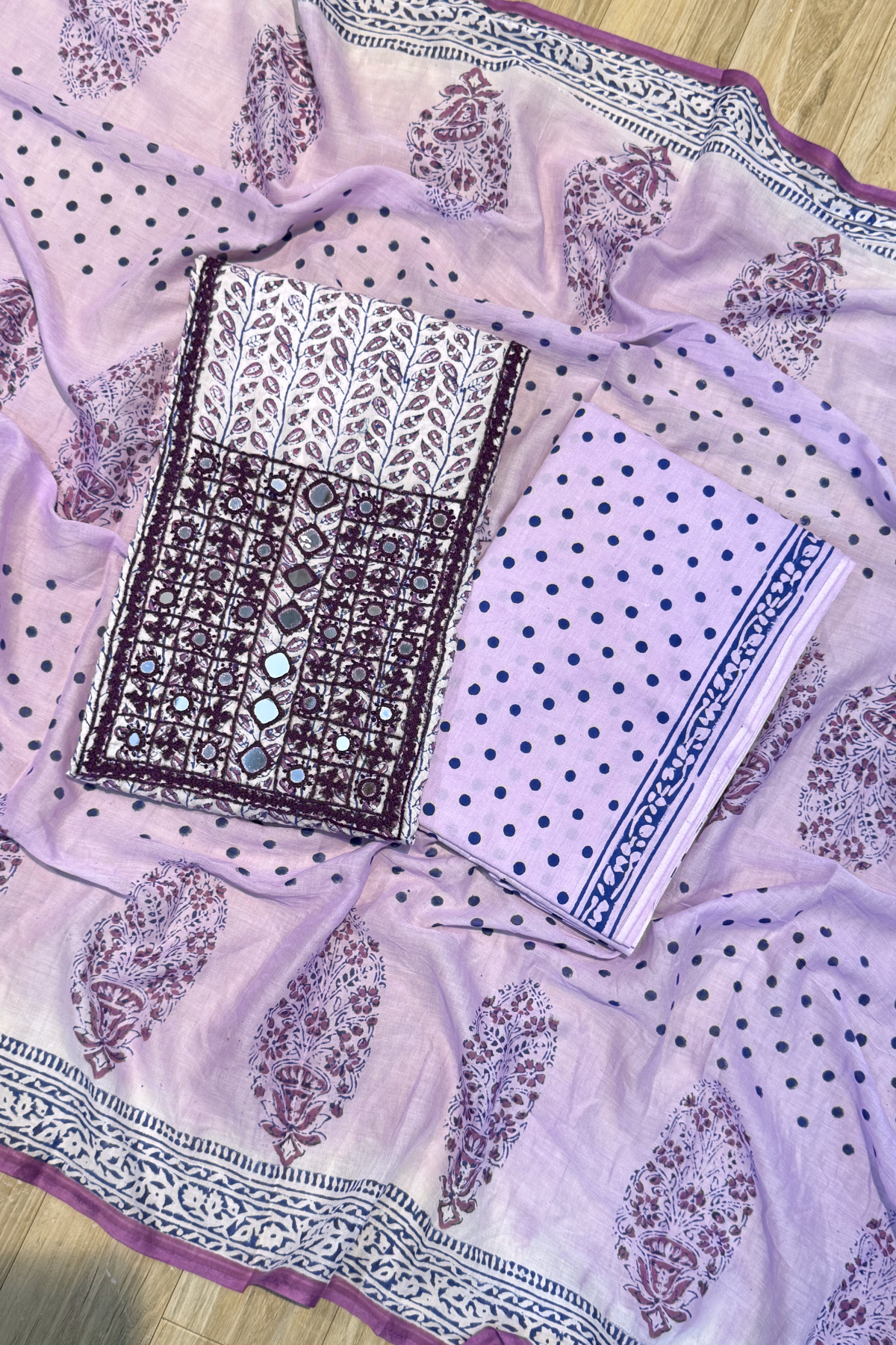 Pure Cotton Mirror Work 3 Piece Unstitched Suit Set - Purple & White