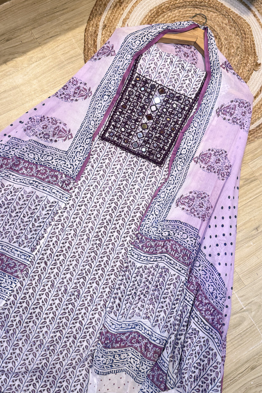 Pure Cotton Mirror Work 3 Piece Unstitched Suit Set - Purple & White