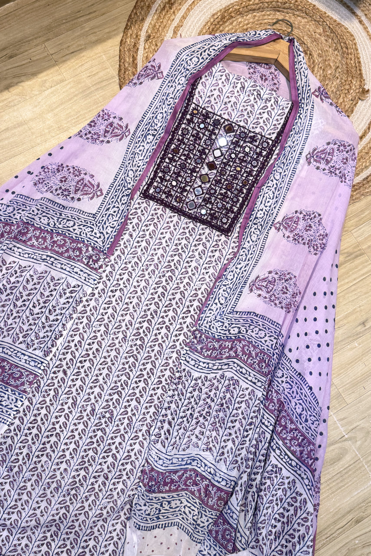 Pure Cotton Mirror Work 3 Piece Unstitched Suit Set - Purple & White