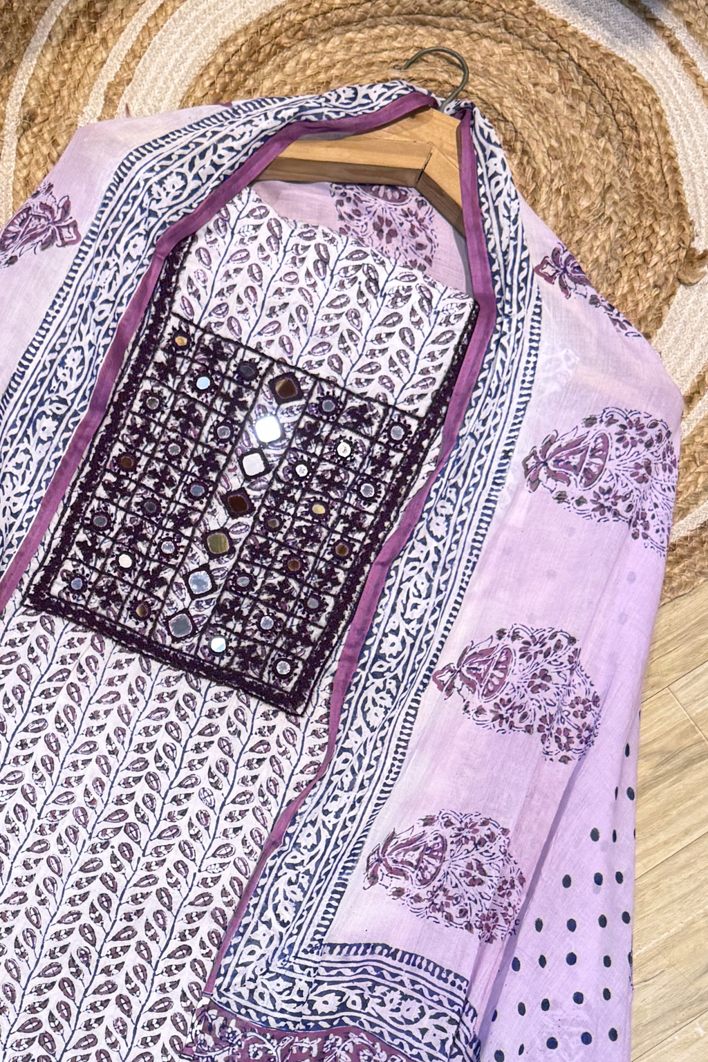 Pure Cotton Mirror Work 3 Piece Unstitched Suit Set - Purple & White