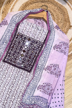 Pure Cotton Mirror Work 3 Piece Unstitched Suit Set - Purple & White