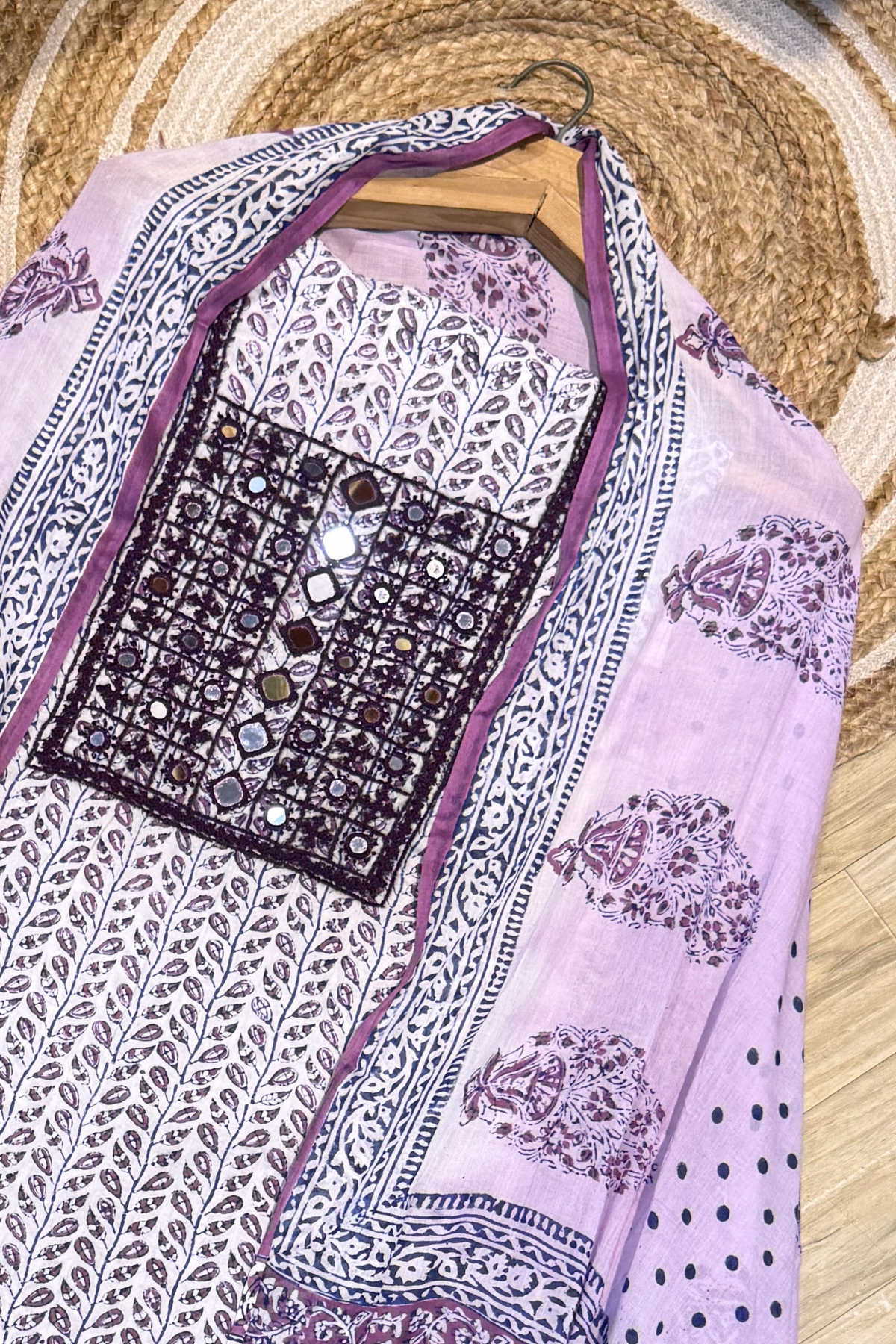 Pure Cotton Mirror Work 3 Piece Unstitched Suit Set - Purple & White