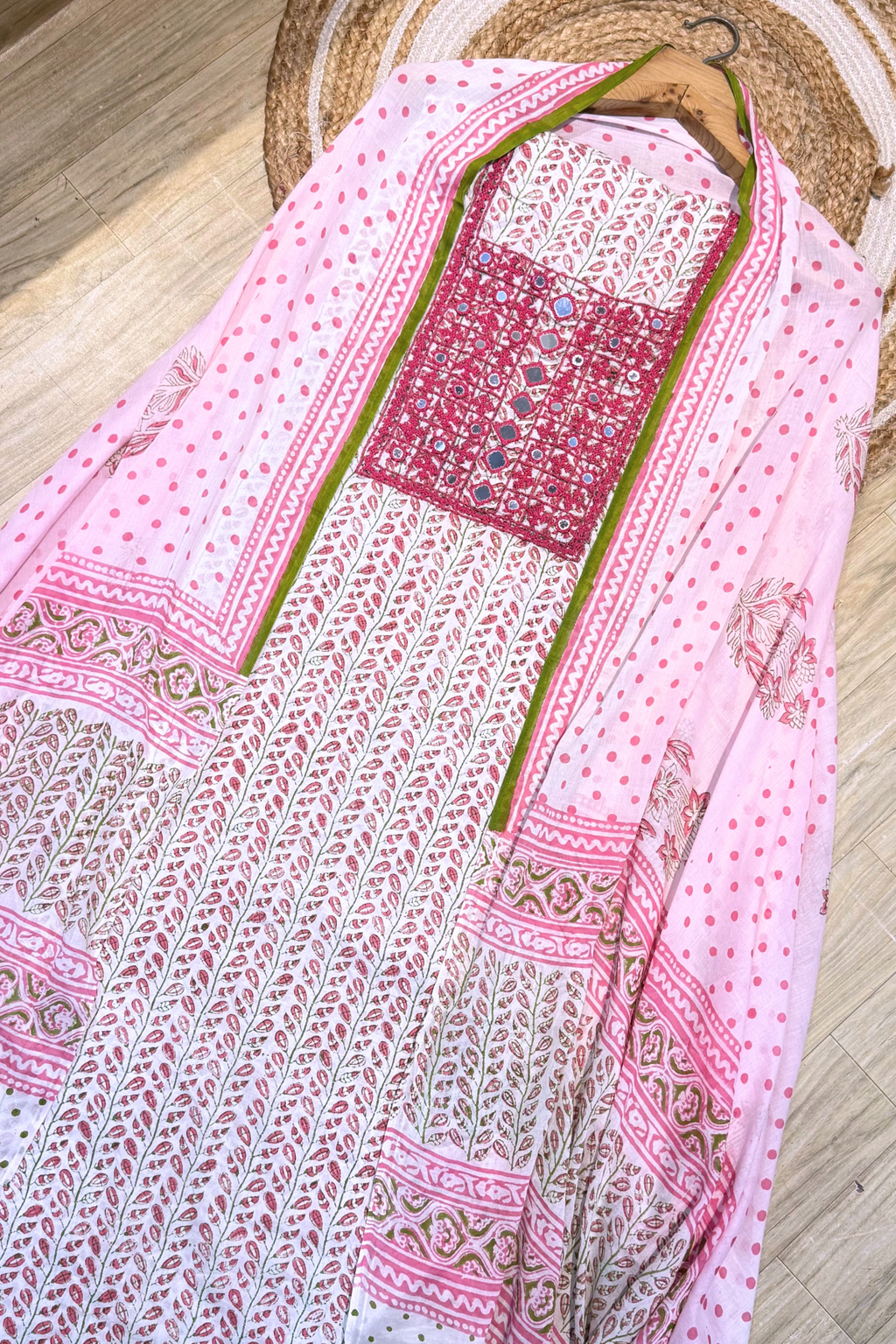 Pure Cotton Mirror Work 3 Piece Unstitched Suit Set With dots Bottom - Light Pink With White