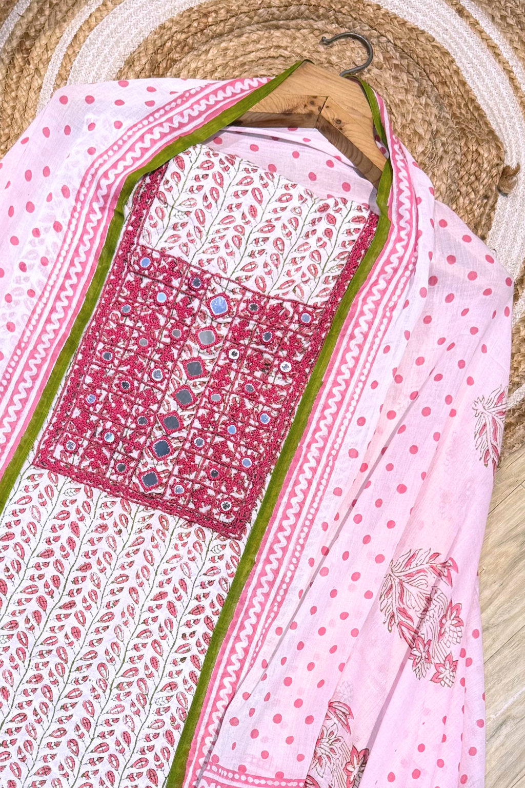 Pure Cotton Mirror Work 3 Piece Unstitched Suit Set With dots Bottom - Light Pink With White