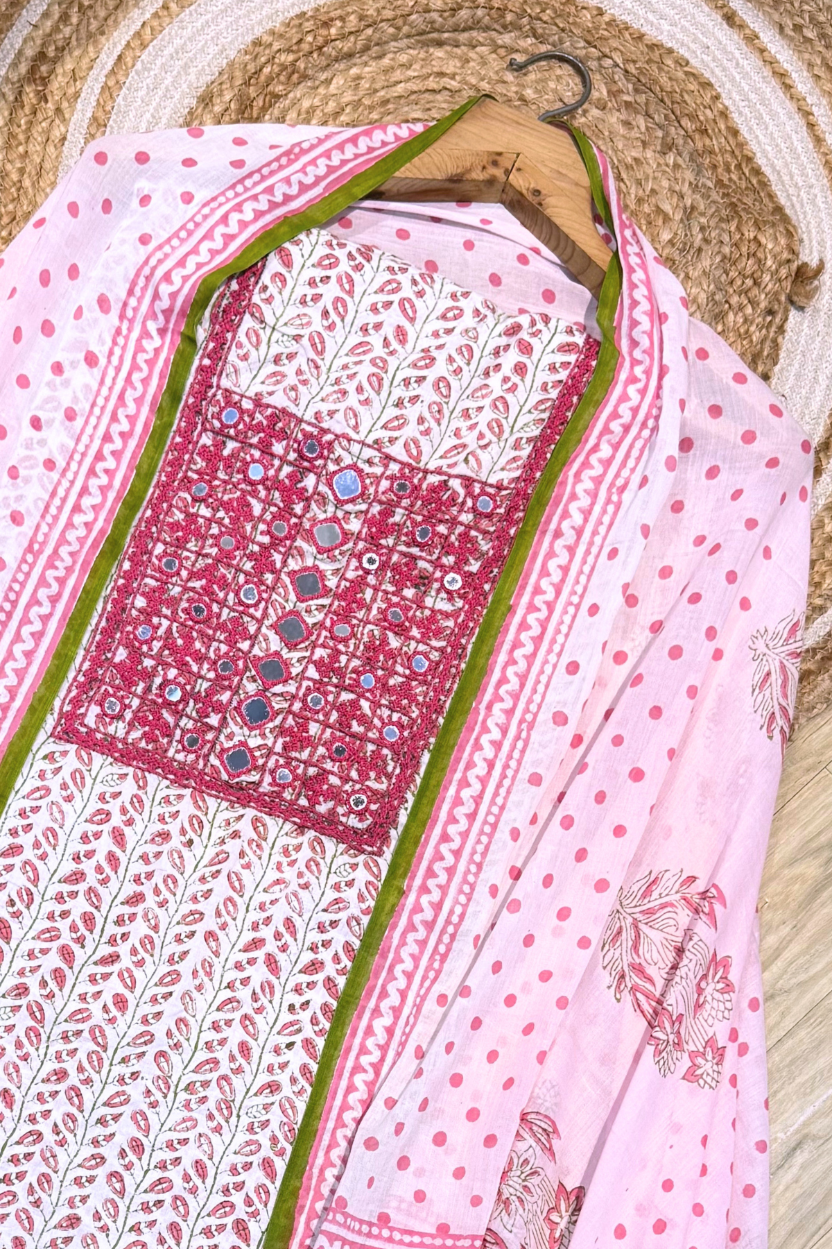 Pure Cotton Mirror Work 3 Piece Unstitched Suit Set With dots Bottom - Light Pink With White