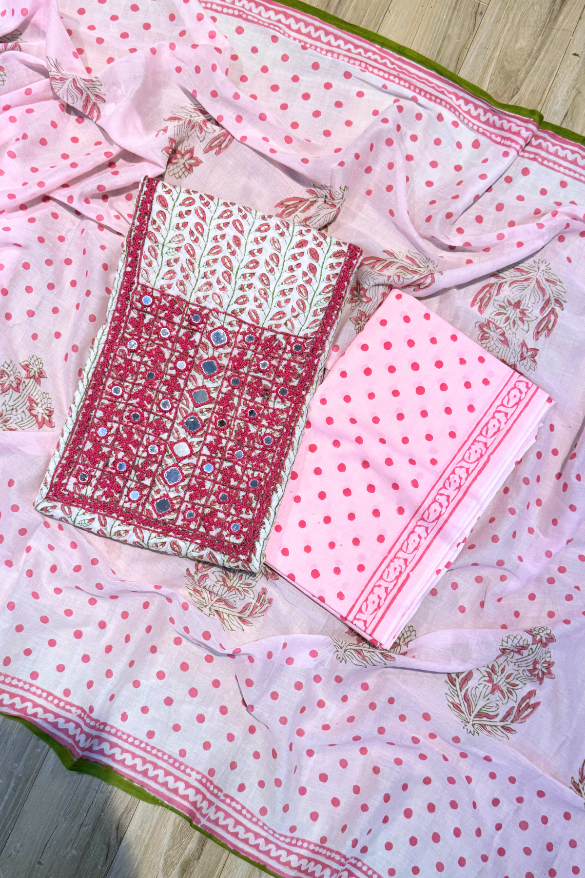 Pure Cotton Mirror Work 3 Piece Unstitched Suit Set With dots Bottom - Light Pink With White