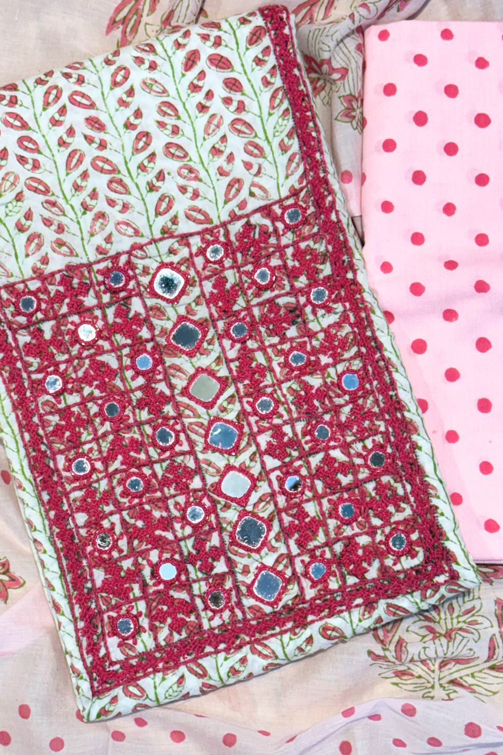 Pure Cotton Mirror Work 3 Piece Unstitched Suit Set With dots Bottom - Light Pink With White