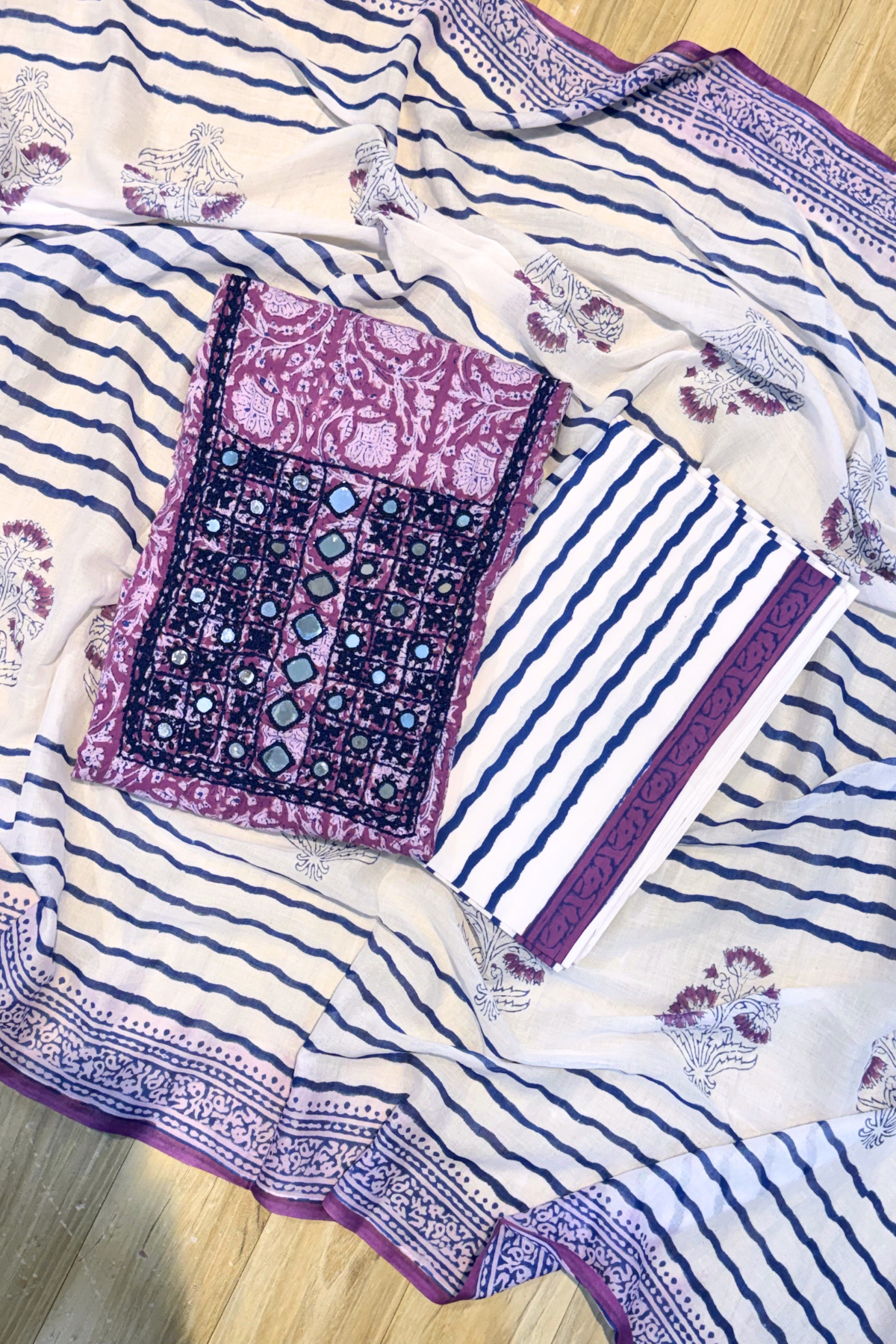 Pure Cotton Mirror Work 3 Piece Unstitched Suit Set With Leheriya Bottom - Purple Wine