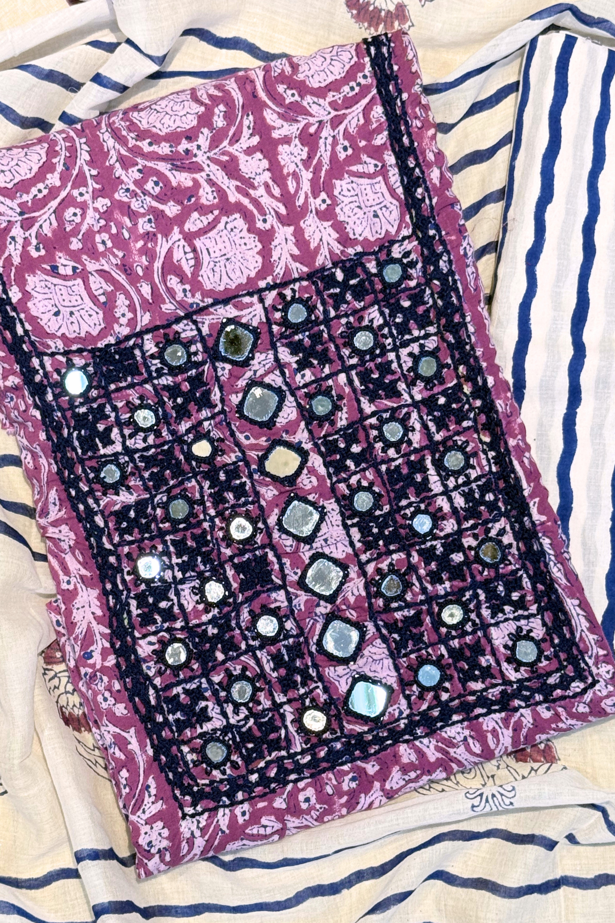 Pure Cotton Mirror Work 3 Piece Unstitched Suit Set With Leheriya Bottom - Purple Wine