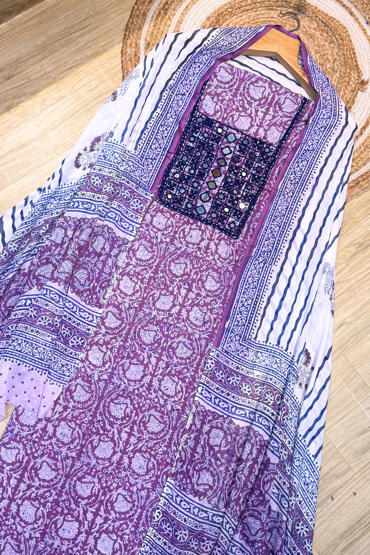 Pure Cotton Mirror Work 3 Piece Unstitched Suit Set With Leheriya Bottom - Purple Wine