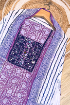 Pure Cotton Mirror Work 3 Piece Unstitched Suit Set With Leheriya Bottom - Purple Wine