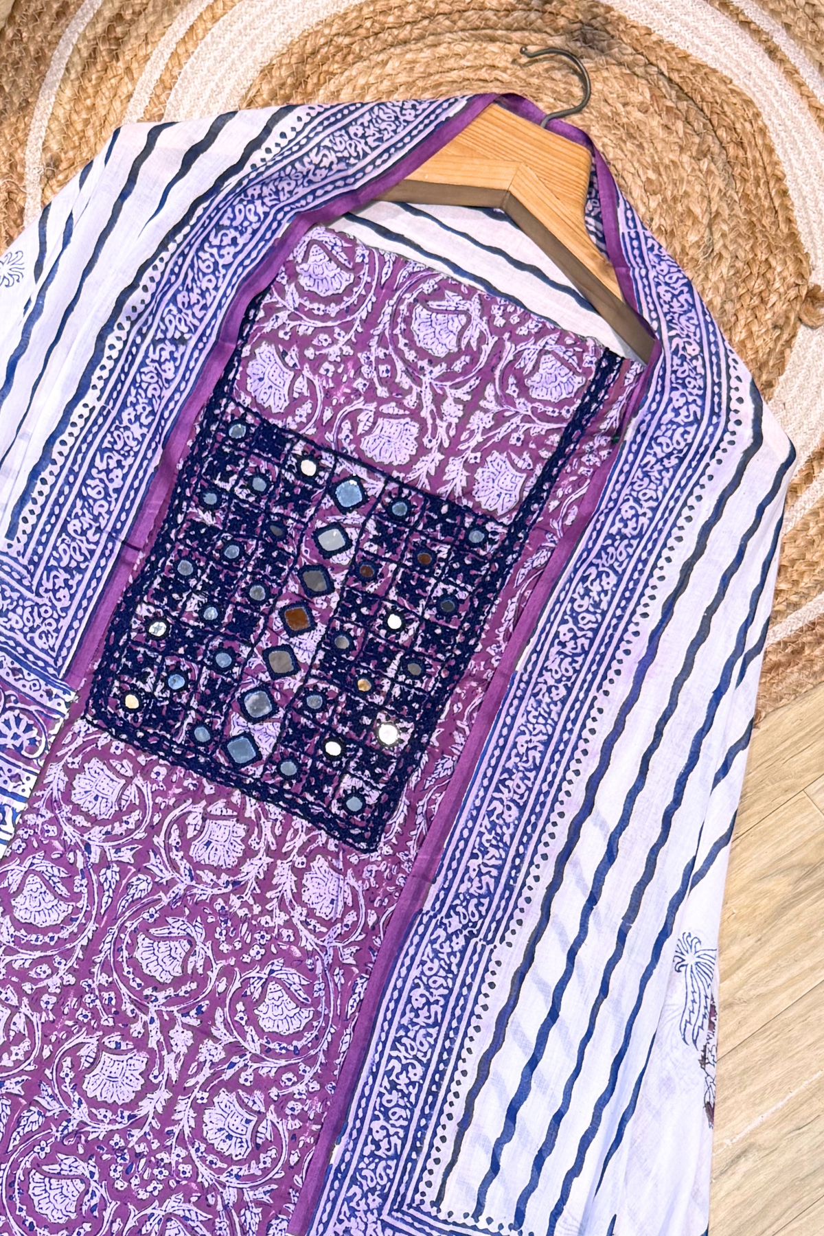 Pure Cotton Mirror Work 3 Piece Unstitched Suit Set With Leheriya Bottom - Purple Wine