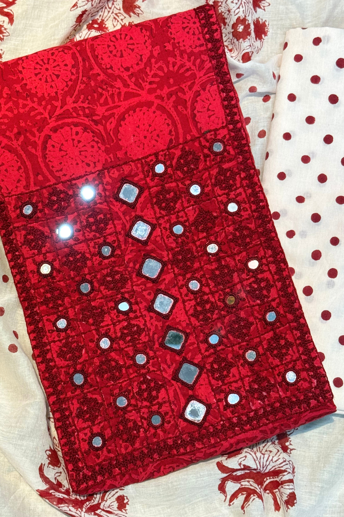 Pure Cotton Mirror Work 3 Piece Unstitched Suit Set With dots Bottom - Red