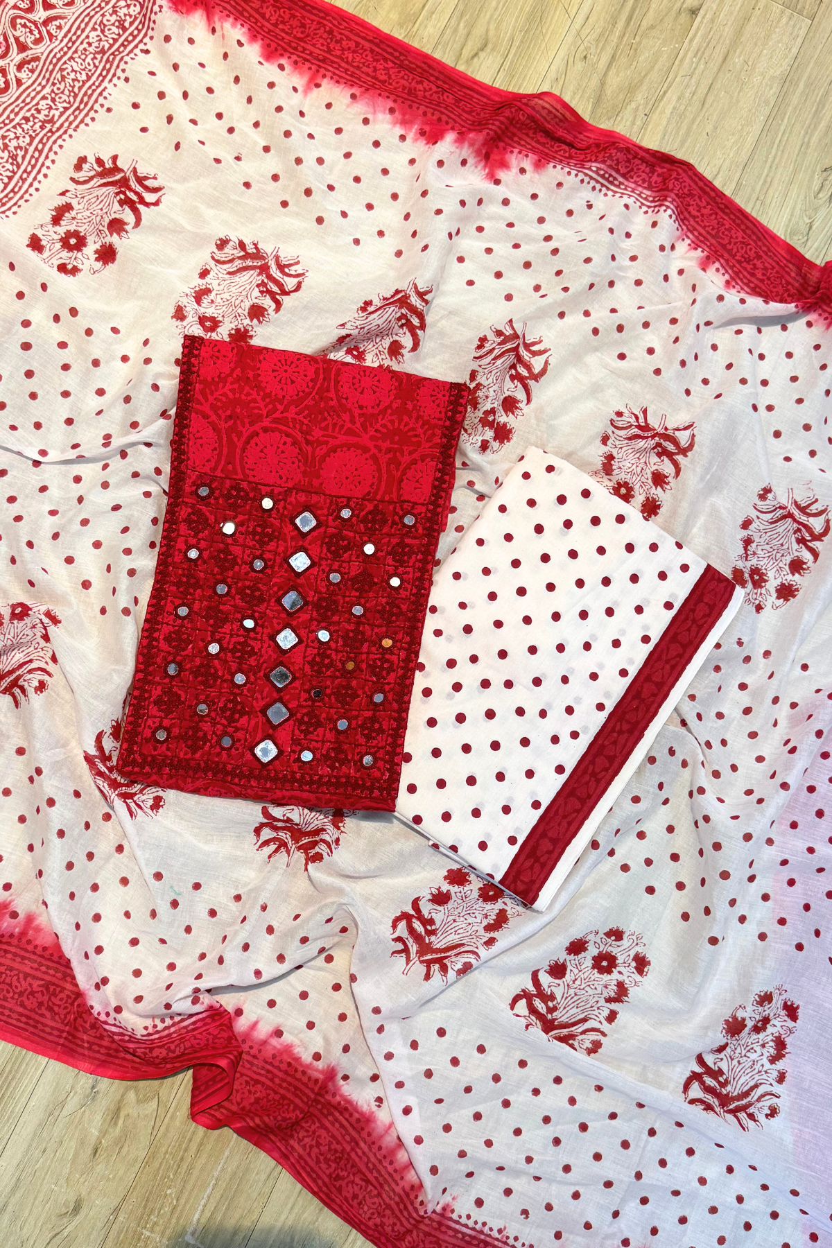 Pure Cotton Mirror Work 3 Piece Unstitched Suit Set With dots Bottom - Red